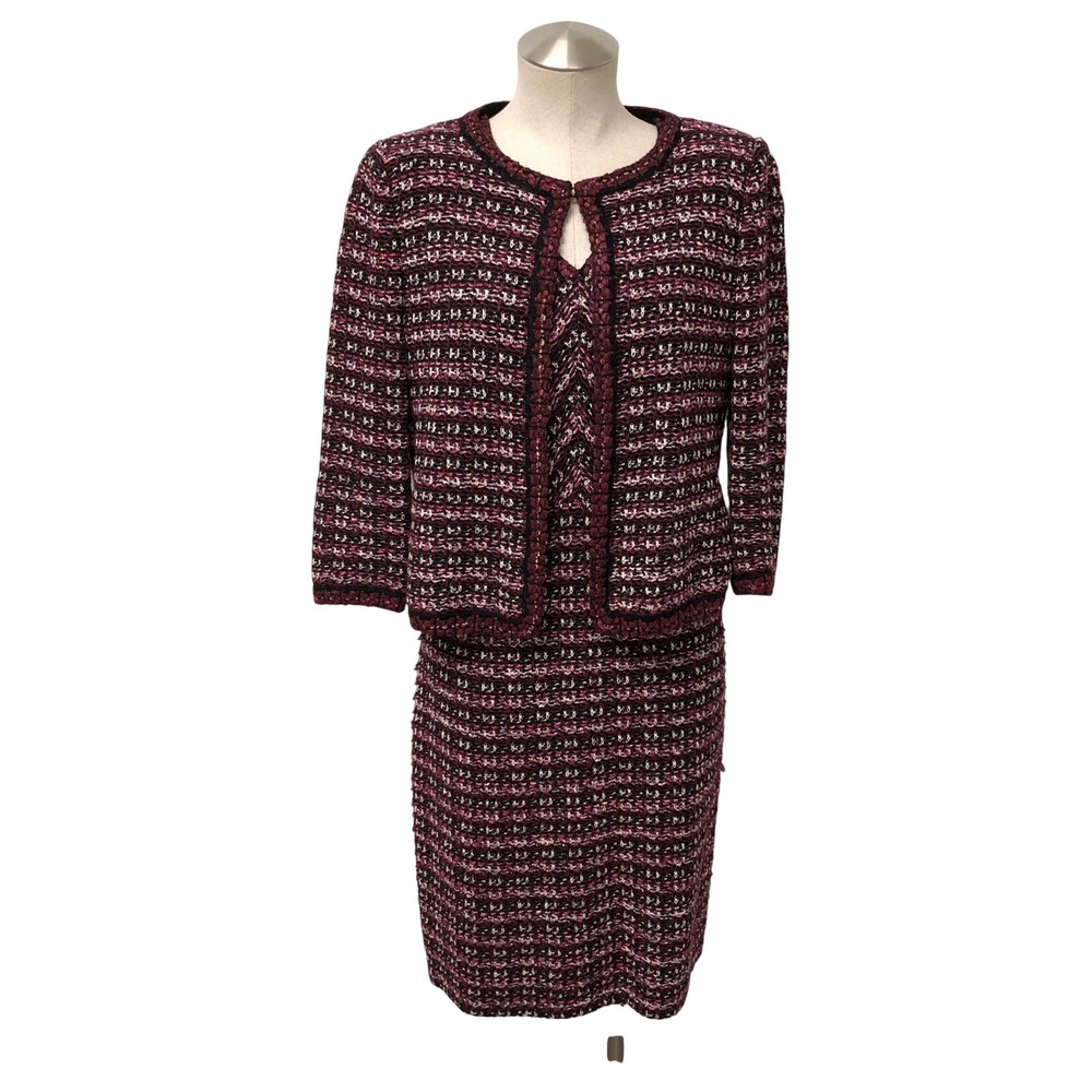 St. John Tweed Dress Jacket Set Womens 4 6 Ladies Burgundy Knit Suit